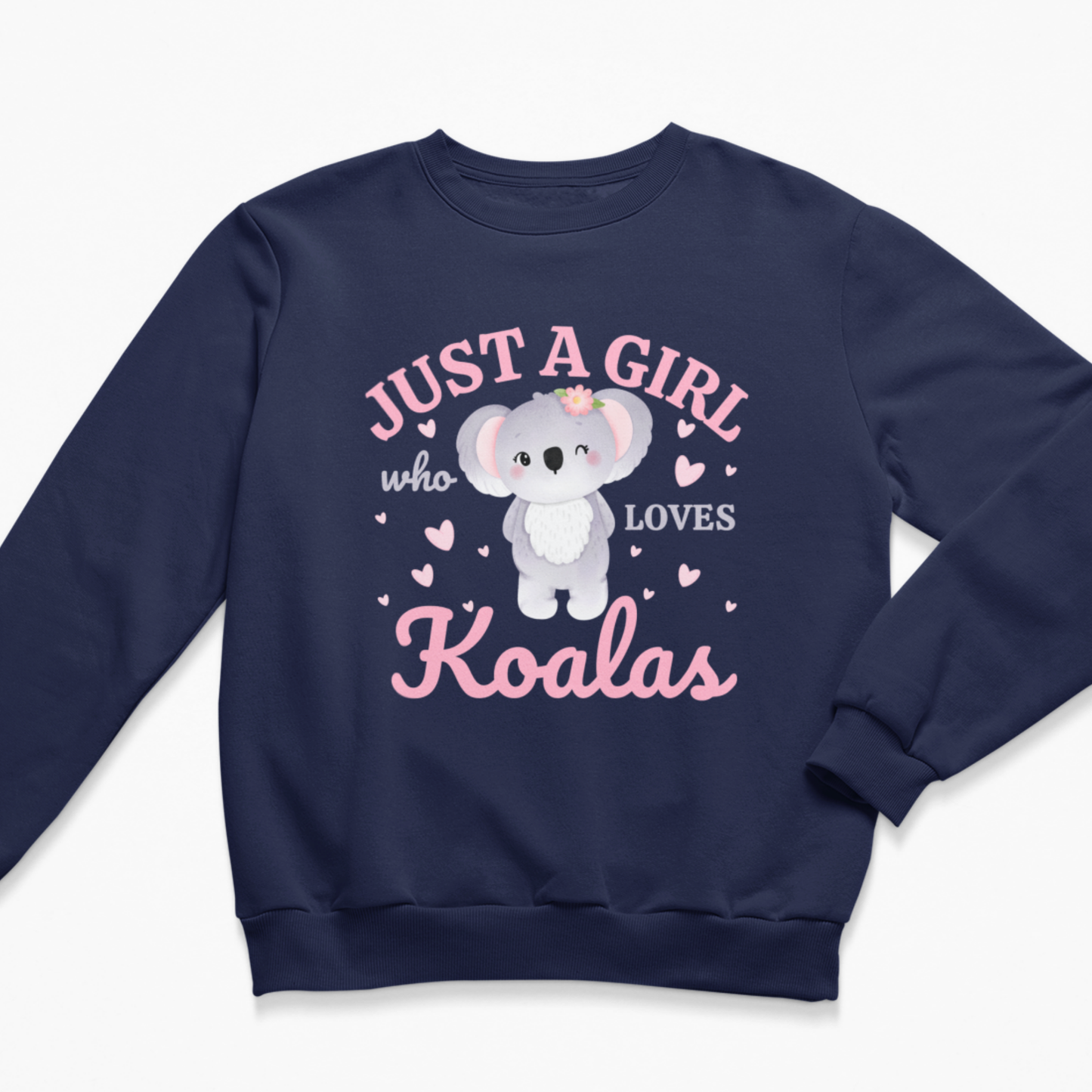 A kids navy blue crewneck sweatshirt featuring a cute cartoon koala graphic and the text 'JUST A GIRL who LOVES Koalas' in pink and white, displayed on a clean white background.