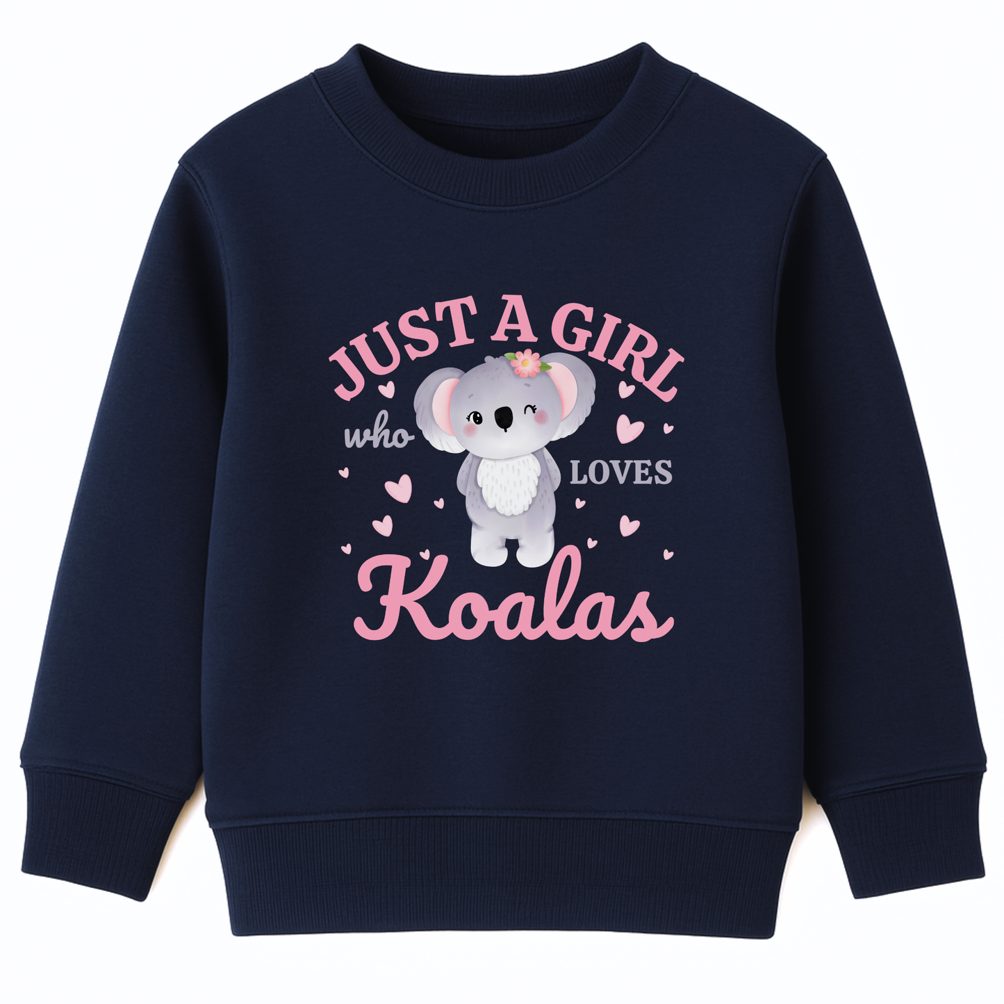 Girls navy sweatshirt featuring a printed design of a cute cartoon koala surrounded by pink hearts, with the words “Just A Girl Who Loves Koalas” written above and below in playful text.