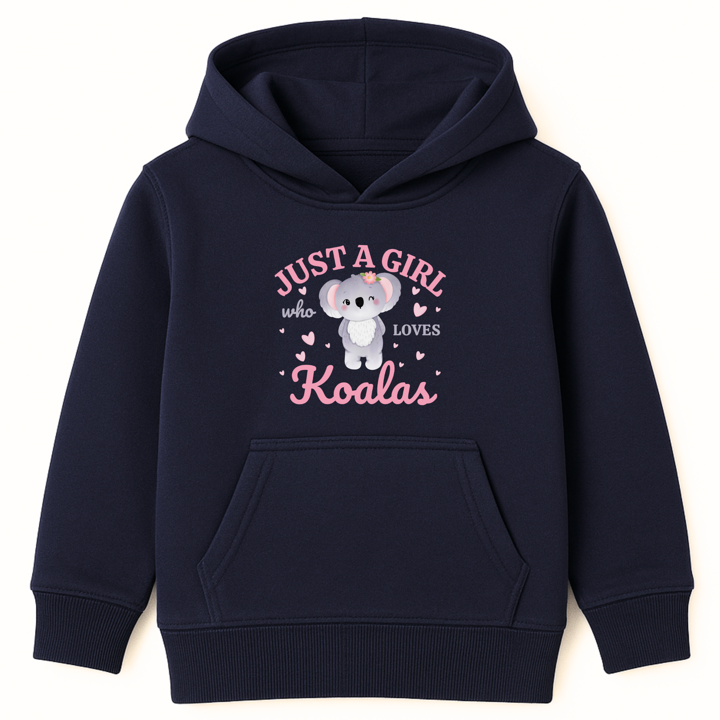 Girls navy hoodie featuring the printed design “Just A Girl Who Loves Koalas” with a cute cartoon koala surrounded by pink hearts.