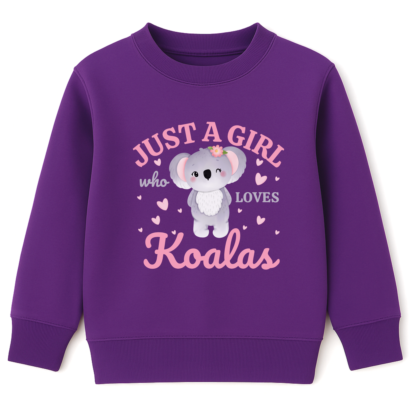 Girls purple sweatshirt featuring a printed design of a cute cartoon koala surrounded by pink hearts, with the words “Just A Girl Who Loves Koalas” written above and below in playful text.