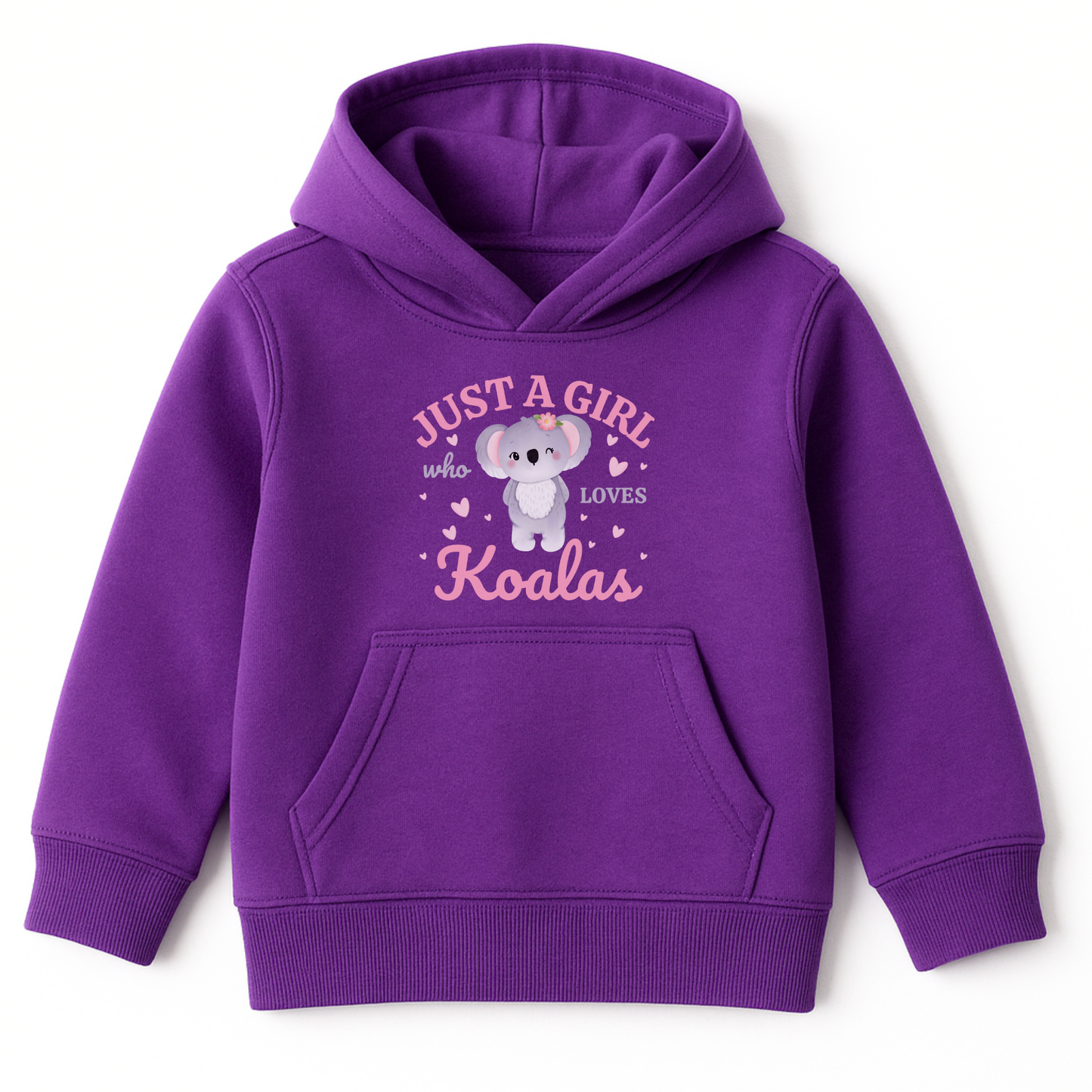 Girls purple hoodie featuring the printed design “Just A Girl Who Loves Koalas” with a cute cartoon koala surrounded by pink hearts.