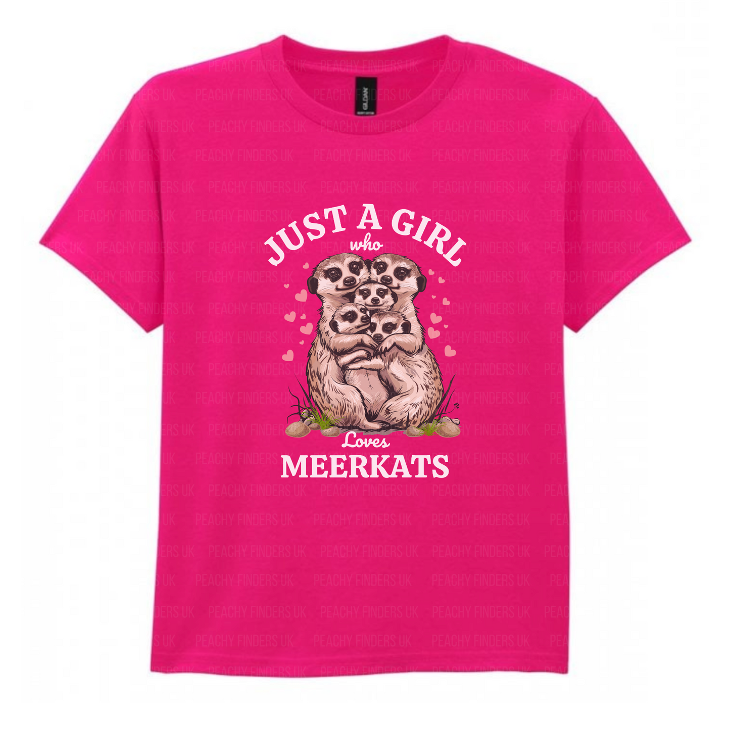 Kids hot pink t-shirt with meerkat design and just a girl who loves meerkats text