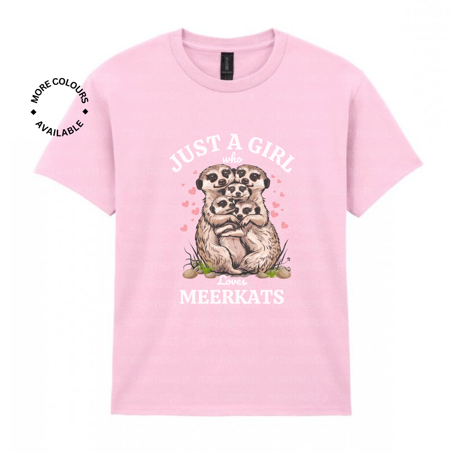 Kids light pink t-shirt with meerkat design and just a girl who loves meerkats text