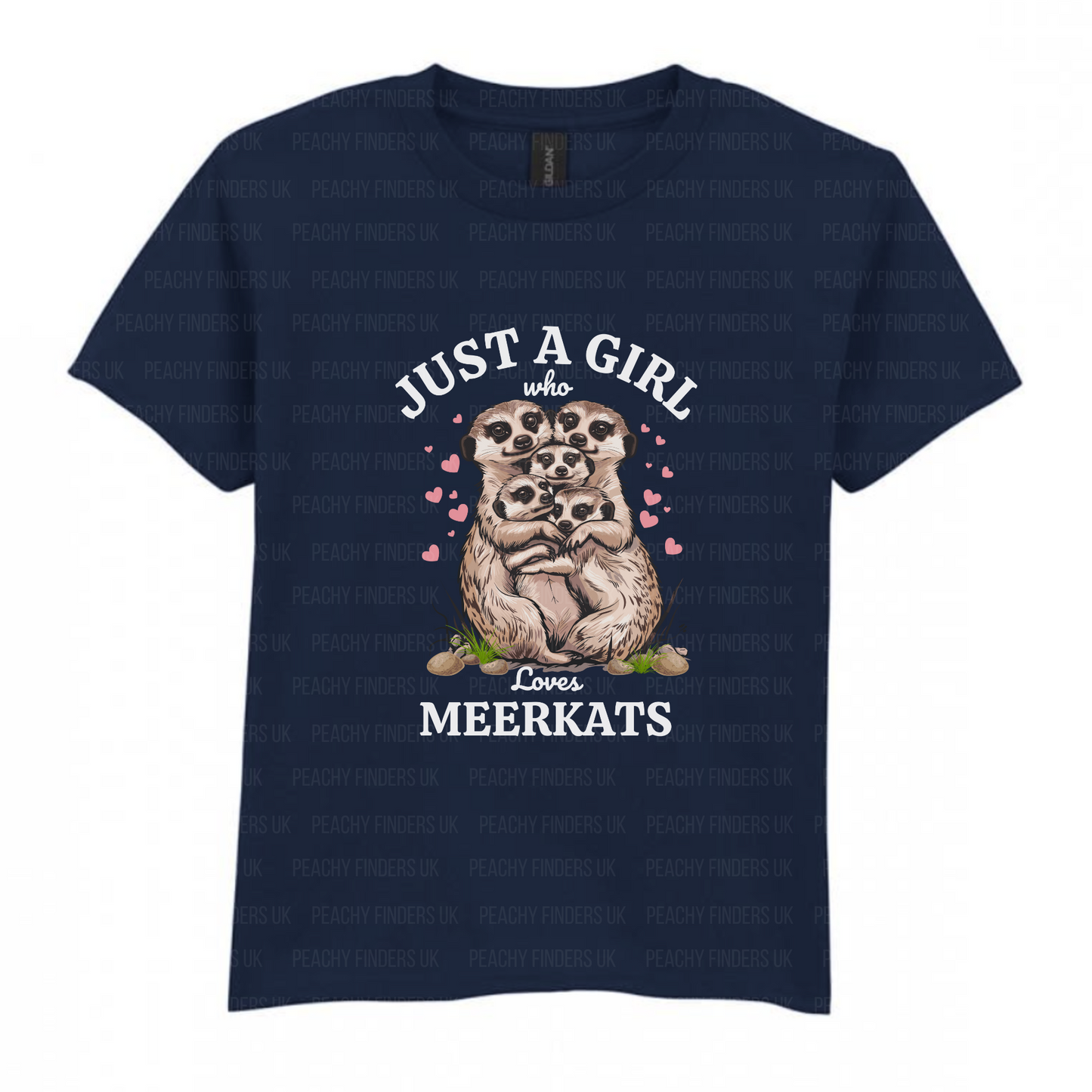 Kids navy t-shirt with meerkat design and just a girl who loves meerkats text