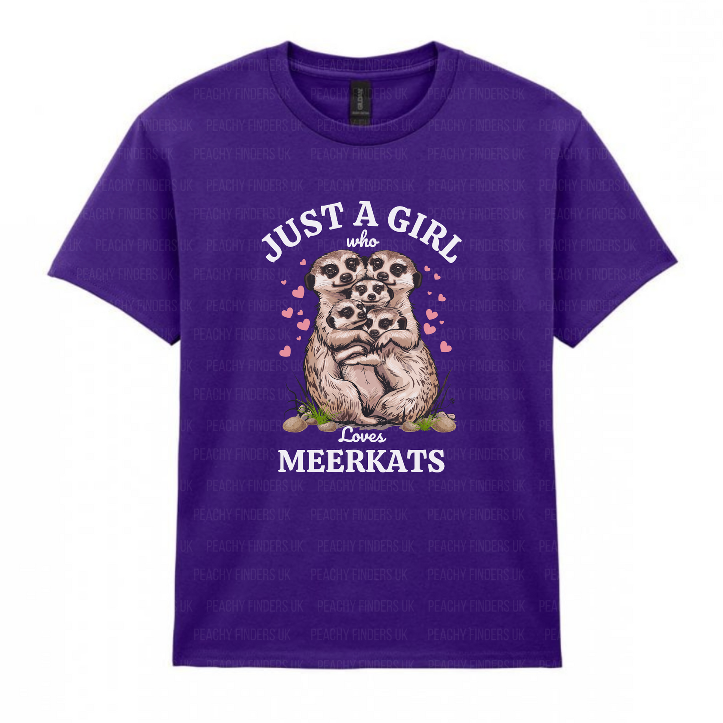 Kids purple t-shirt with meerkat design and just a girl who loves meerkats text