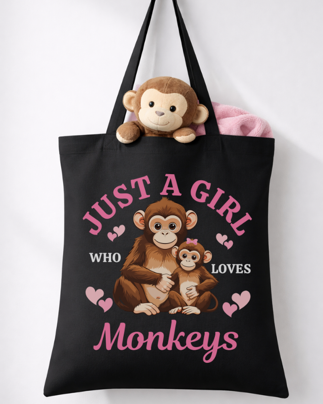 Girls monkey tote bag with Just A Girl Who Loves Monkeys cute cartoon monkey design