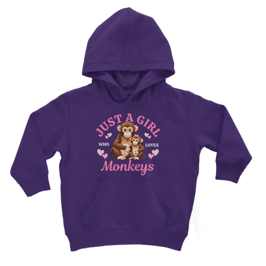 Girls purple hoodie with monkey print and pink “Just a Girl Who Loves Monkeys” text
