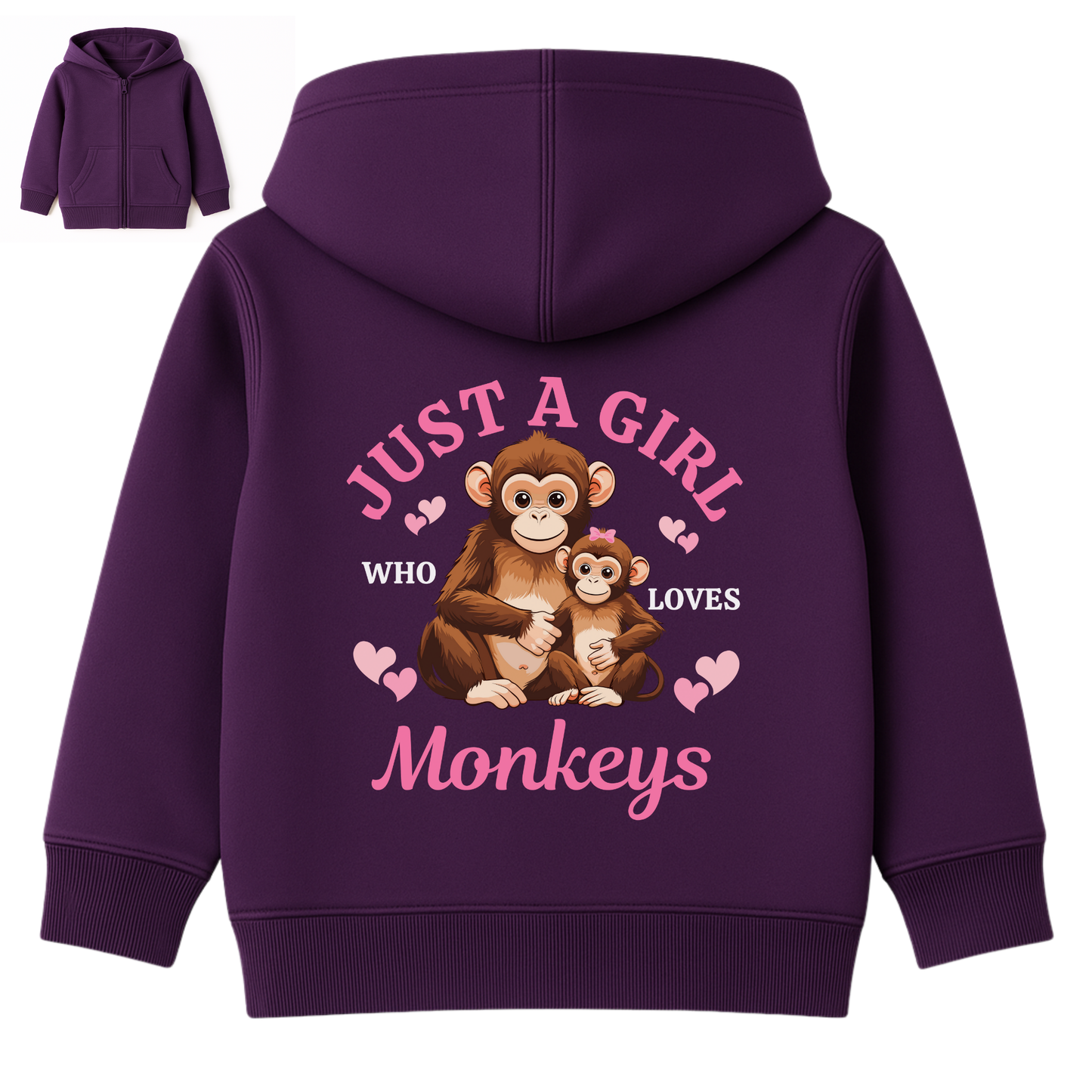 Girls purple zip hoodie with a back print of "Just a girl who loves monkeys" front view with pockets