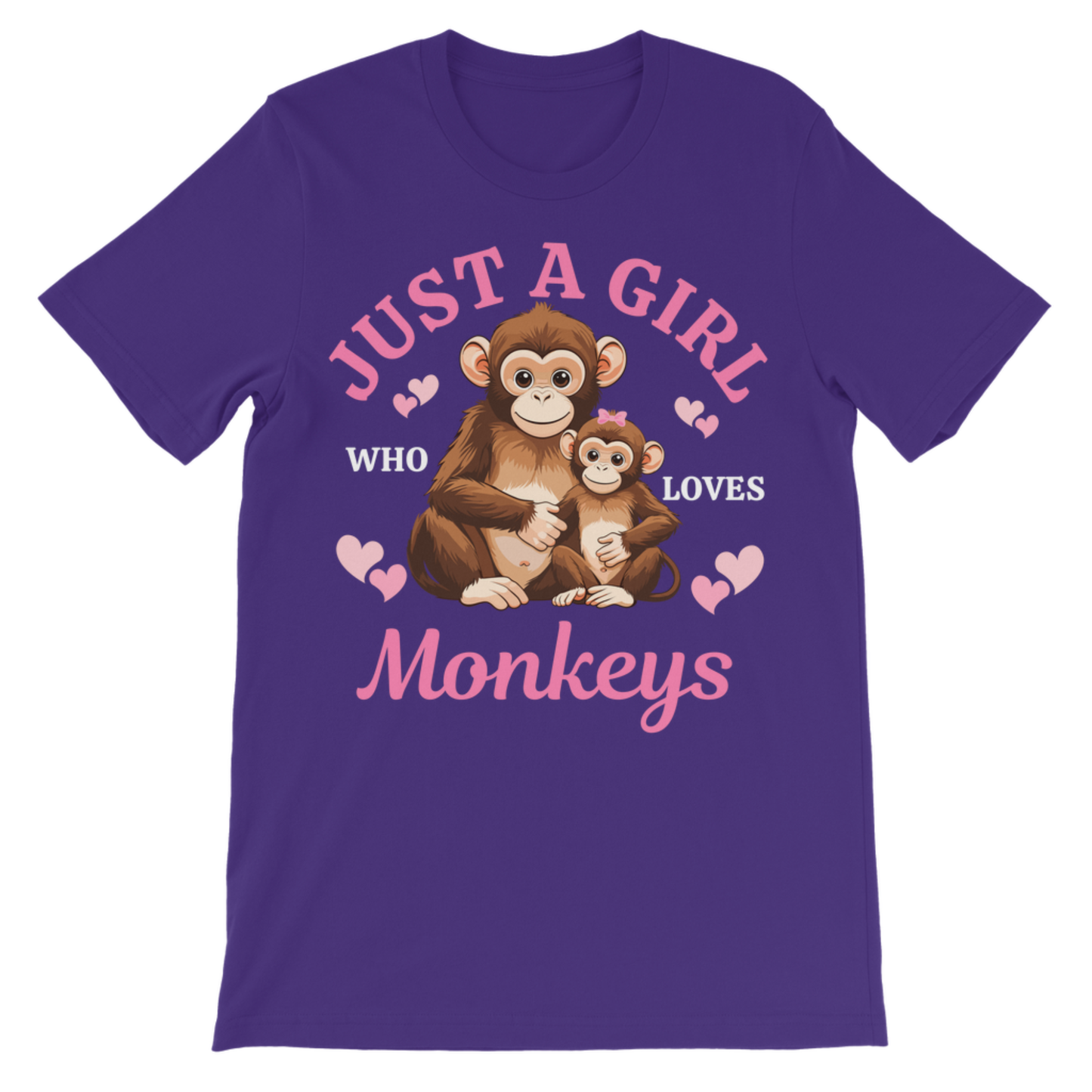 Purple t-shirt with monkey graphic for girls and text, flat lay on a white background