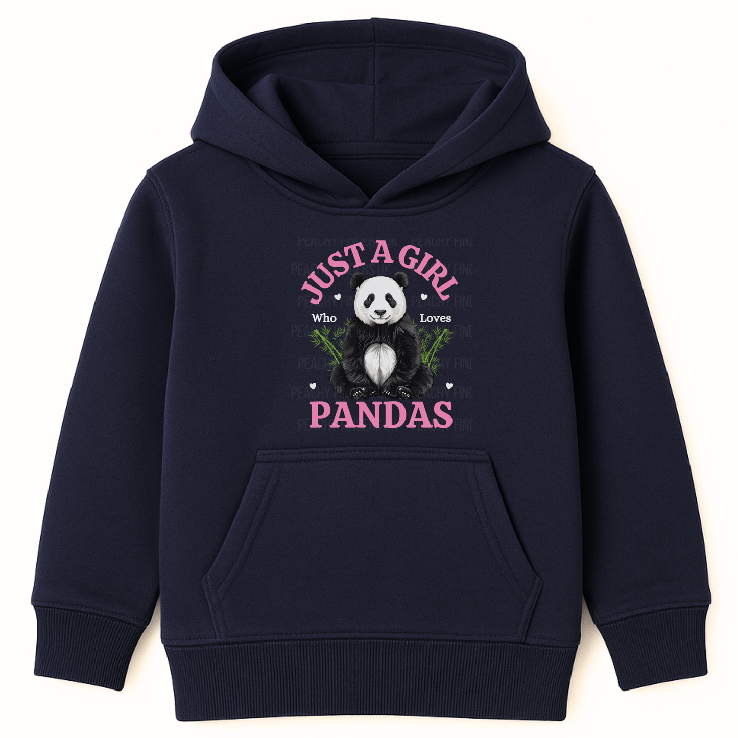 Navy kids hoodie flat lay with “Just a Girl Who Loves Pandas” panda graphic on chest.
