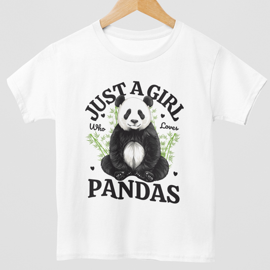 Girls white short sleeved t-shirt featuring "Just a Girl Who Loves Pandas" with cute panda and green bamboo graphic - styled on a wooden hanger