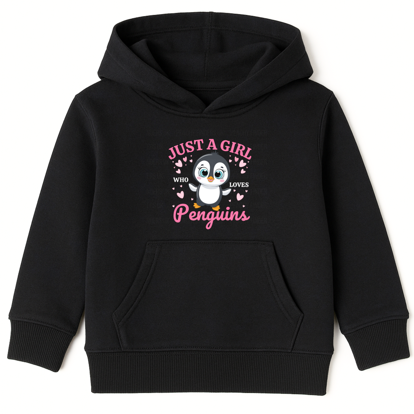 Girls black hoodie with cartoon penguin with pink hearts and 'Just a Girl Who Loves Penguins' text.