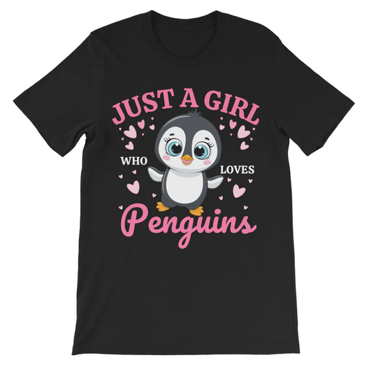 Kids black t-shirt with a graphic of a cute penguin and the text 'Just a Girl who loves Penguins'.