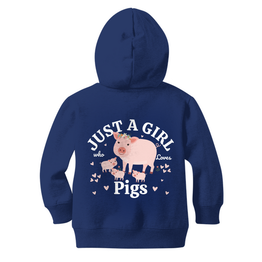 Back view of a navy kids zip hoodie featuring a large graphic of a mummy pig with three piglets, surrounded by pink hearts, and the words “Just a Girl Who Loves Pigs.”
