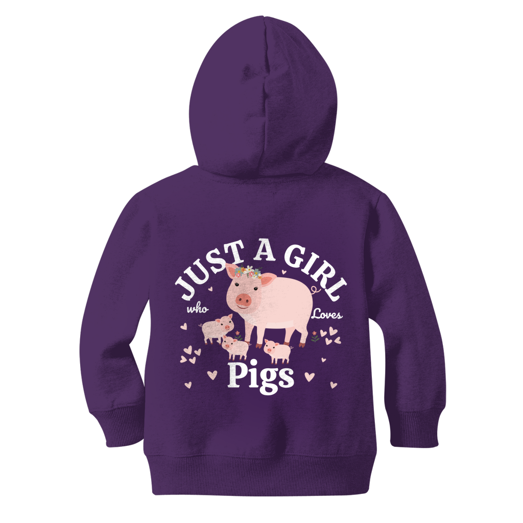 Back view of a purple kids zip hoodie featuring a large graphic of a mummy pig with three piglets, surrounded by pink hearts, and the words “Just a Girl Who Loves Pigs.”