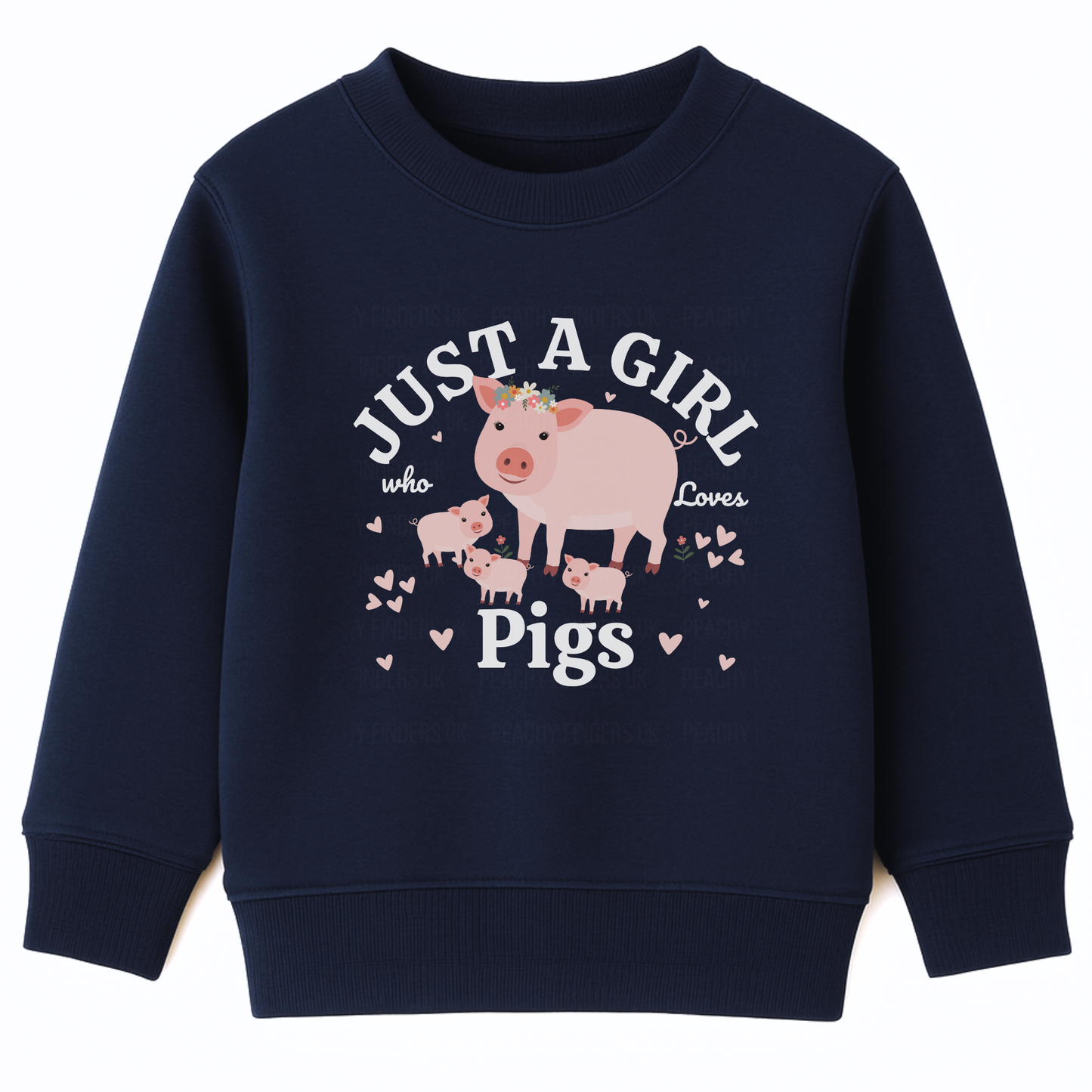 Navy girls jumper featuring a cute farm-themed design with a pig and piglets surrounded by hearts and the text “Just a Girl Who Loves Pigs” printed across the front.