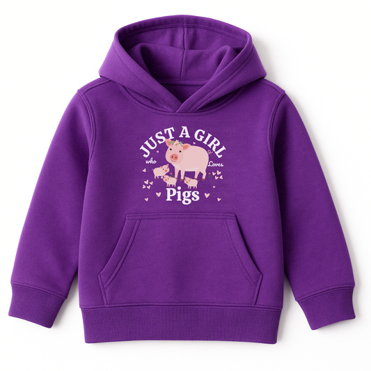 Girls purple pullover hoodie featuring a mummy and piglets, hearts and flowers design, with "just a girl who loves pigs" white text