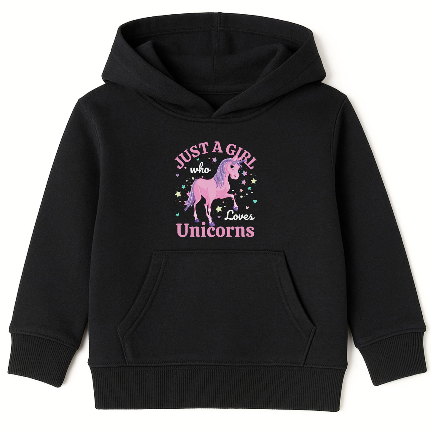 Girls black pullover hoodie featuring a pink and purple unicorn surrounded by stars and hearts with the text “Just a Girl Who Loves Unicorns.”
