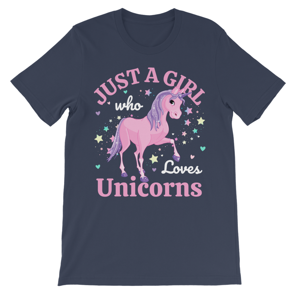 Kids navy "Just a Girl Who Loves Unicorns" cotton t-shirt, featuring a pink unicorn and stars and hearts accents