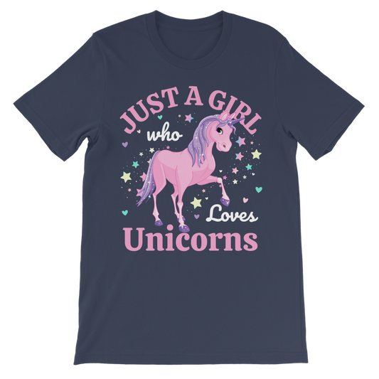 Kids navy "Just a Girl Who Loves Unicorns" cotton t-shirt, featuring a pink unicorn and stars and hearts accents
