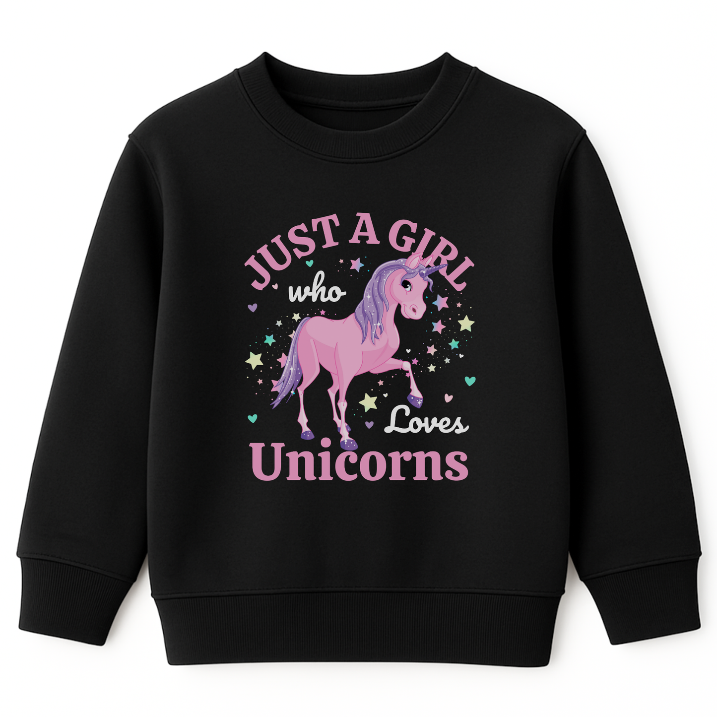 Girls black sweatshirt with a pink unicorn design surrounded by stars and the text "Just a Girl Who Loves Unicorns."
