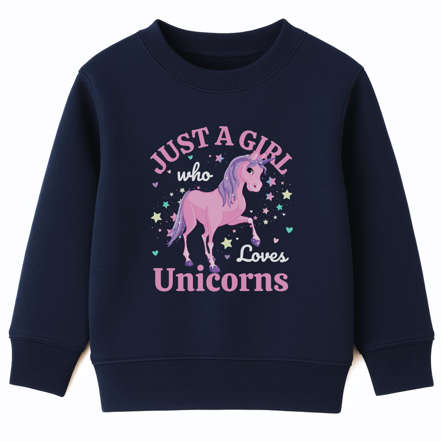 Girls navy sweatshirt with a pink unicorn design surrounded by stars and the text "Just a Girl Who Loves Unicorns."