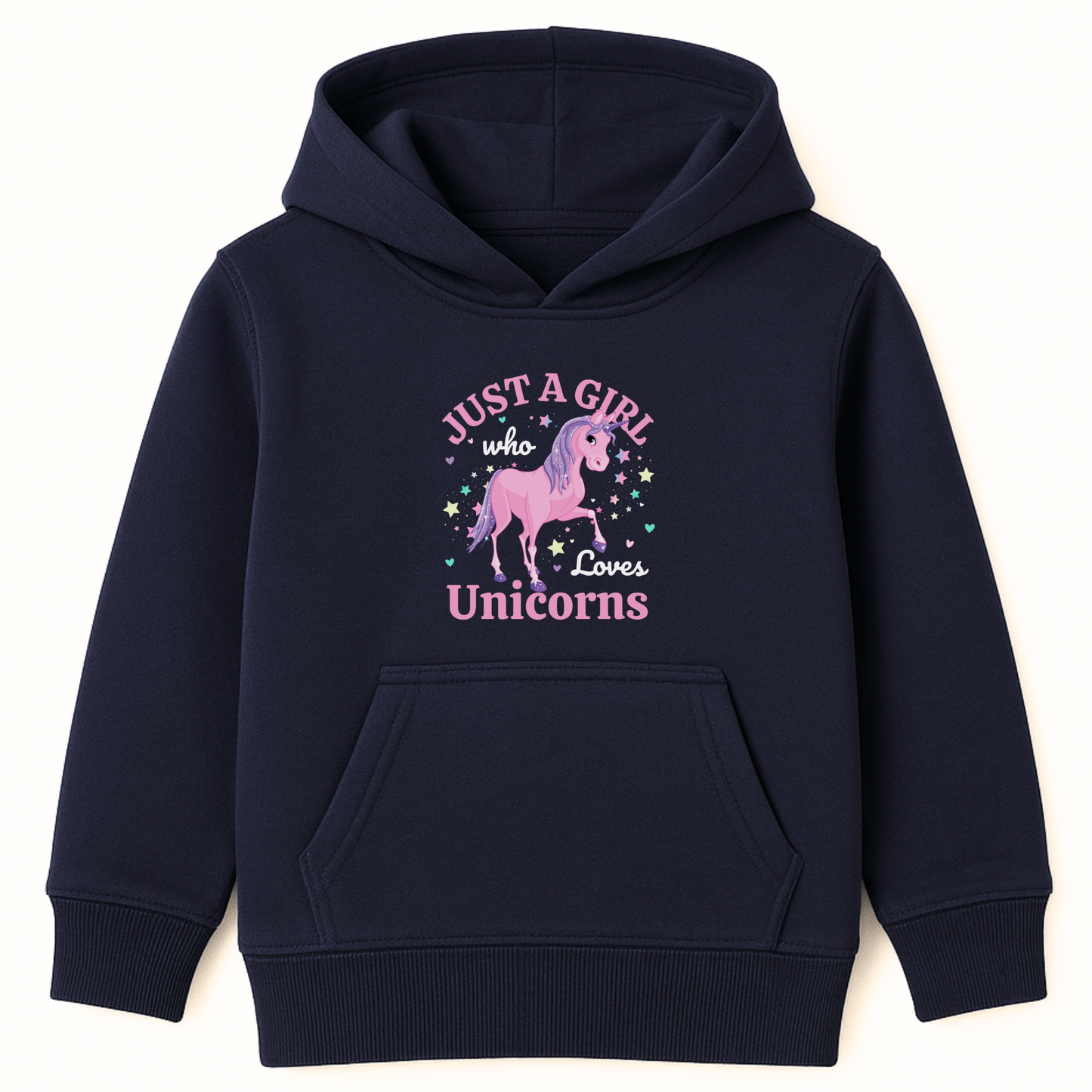 Girls navy pullover hoodie featuring a pink and purple unicorn surrounded by stars and hearts with the text “Just a Girl Who Loves Unicorns.”