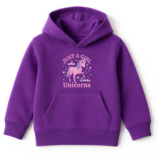 Girls purple pullover hoodie featuring a pink and purple unicorn surrounded by stars and hearts with the text “Just a Girl Who Loves Unicorns.”
