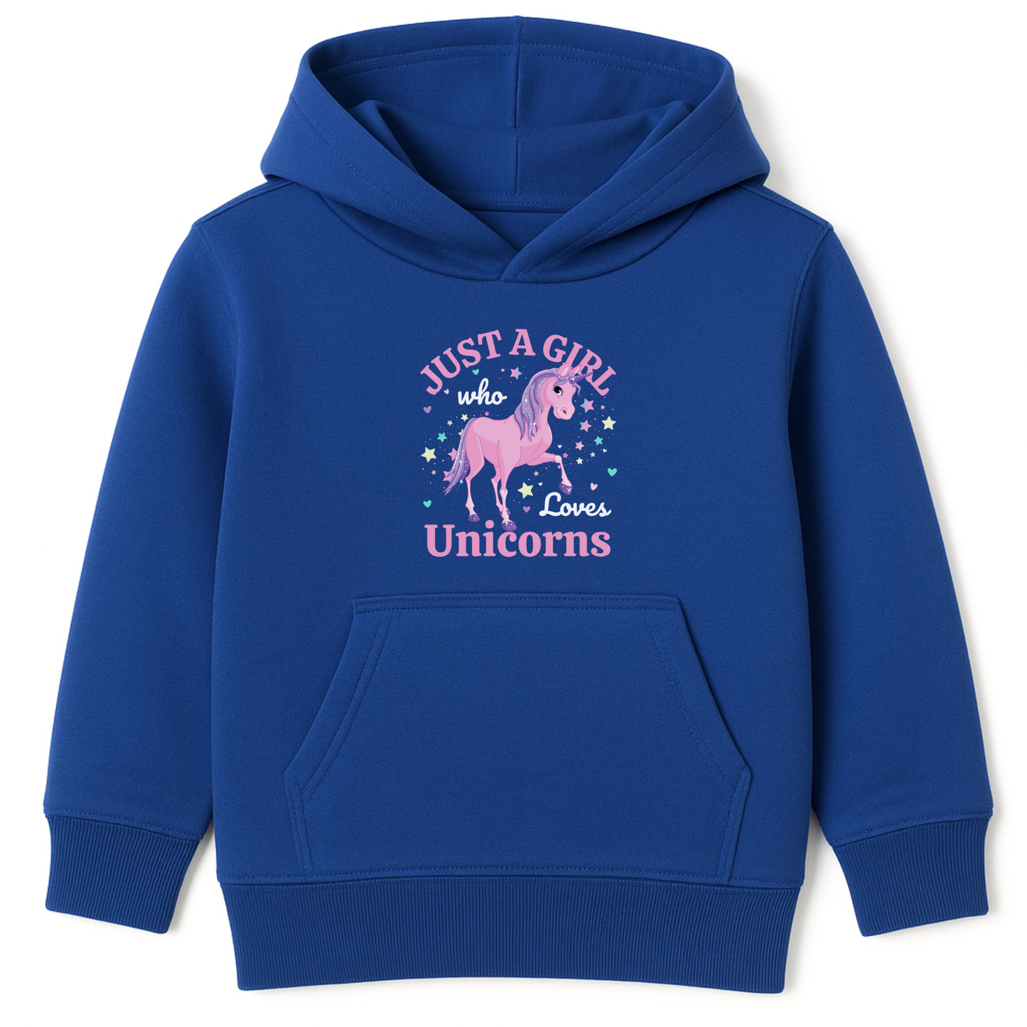 Girls royal blue pullover hoodie featuring a pink and purple unicorn surrounded by stars and hearts with the text “Just a Girl Who Loves Unicorns.”