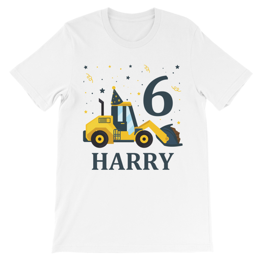 White personalised 6th birthday digger T-shirt with Harry name and yellow construction vehicle graphic
