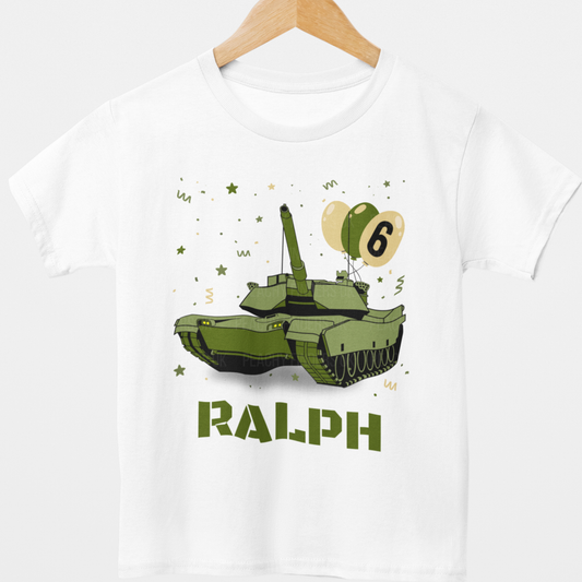White kids personalised birthday T-shirt on a wooden hanger featuring a green army tank with number 6 balloons and the name “Ralph” underneath.