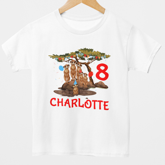 Personalised kids 8th birthday meerkat family T-shirt with custom name Charlotte, shown on a wooden hanger.