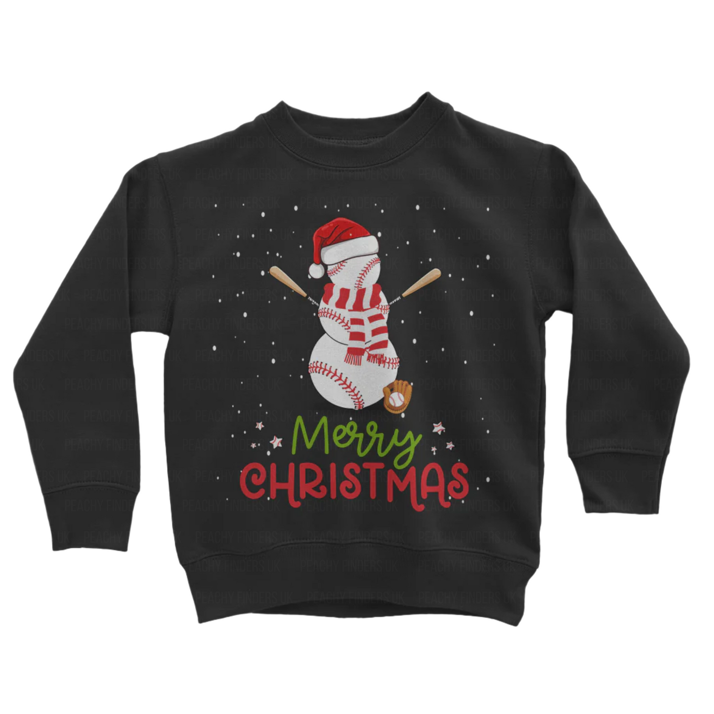 Black sweatshirt with a snowman design and 'Merry Christmas' text on a white background