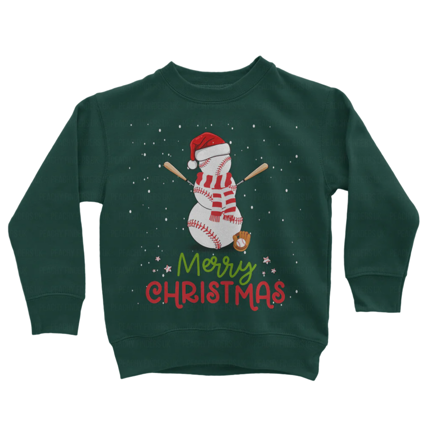 Kids green sweatshirt with a snowman design and 'Merry Christmas' text on a white background