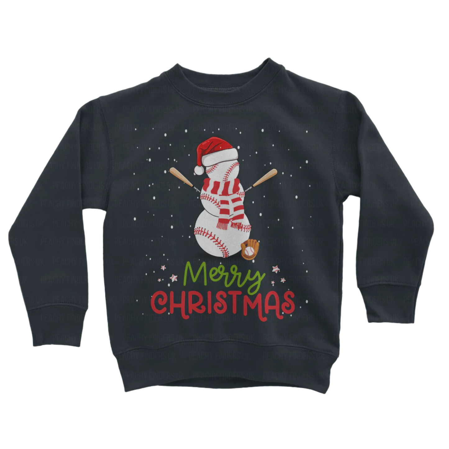Children's navy sweatshirt with a baseball themed snowman design and 'Merry Christmas' text on a white background