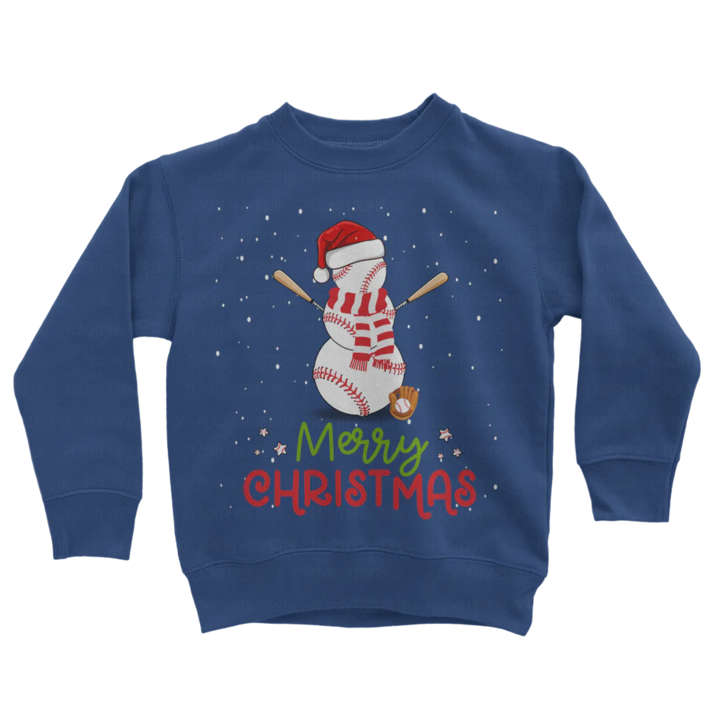 Kids Royal blue sweatshirt with a baseball snowman design and 'Merry Christmas' text on a white background
