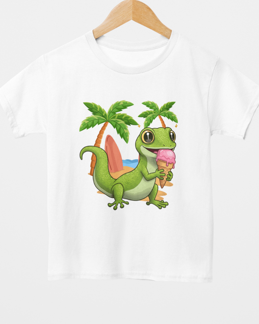 Kids white gecko t-shirt with cute beach ice cream design on hanger, children’s reptile summer top