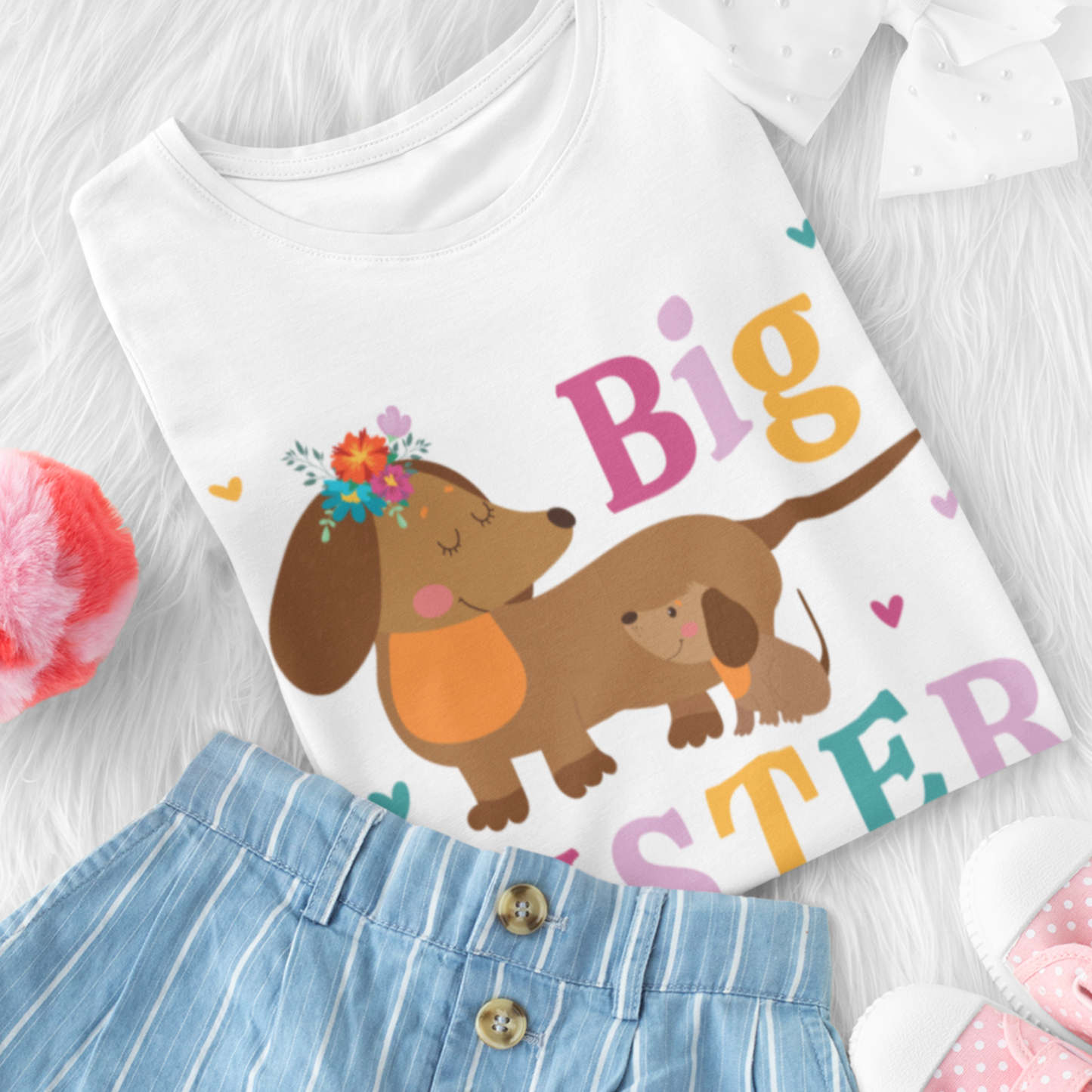 Girls big sister Dachshund t-shirt with personalised name, featuring two cute sausage dogs, styled with denim shorts.