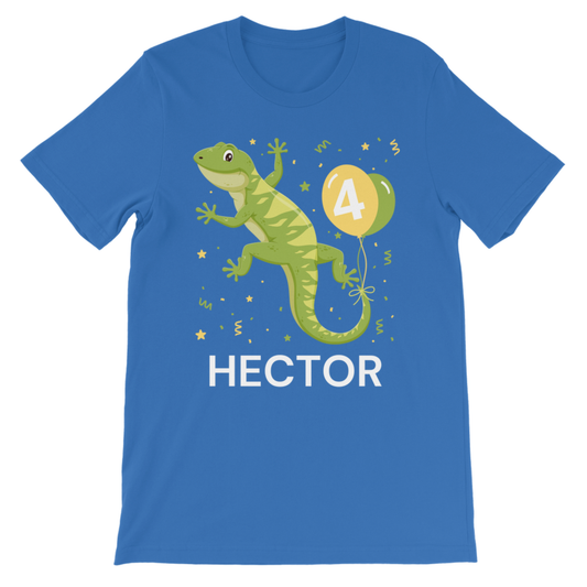 A kids royal blue short-sleeve t-shirt with a graphic of a green lizard holding a yellow balloon with the number 4, surrounded by small stars and confetti, with the name 'HECTOR' printed in white below.
