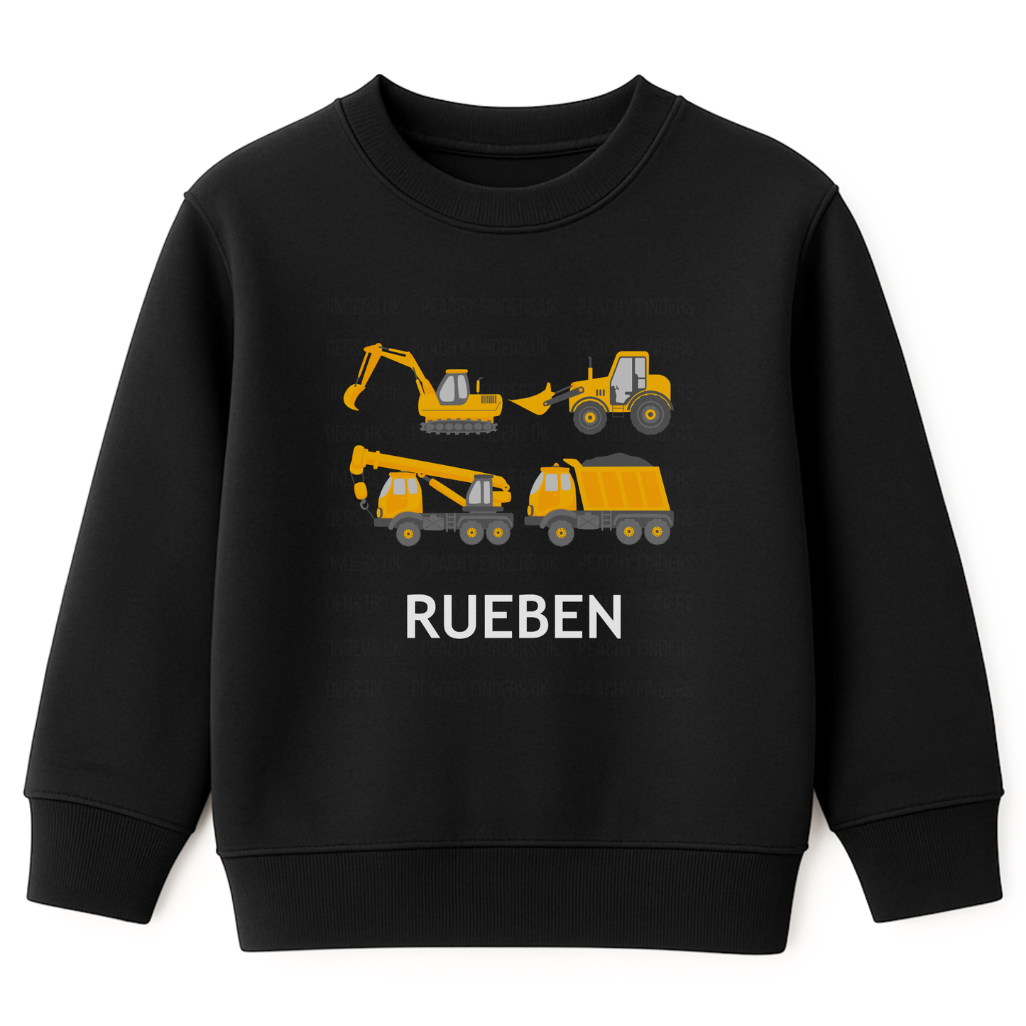 Kids black sweatshirt with yellow construction vehicles - excavator, bulldozer, tractor, crane truck and tipper -custom name “Rueben” printed underneath.