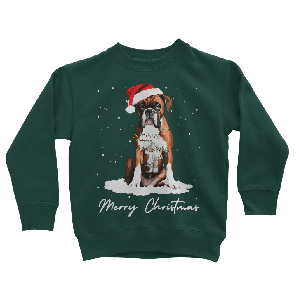 Kids dark green Christmas jumper with an printed graphic of a Boxer dog wearing a Santa hat, wrapped in fairy lights with falling snow and the text 'Merry Christmas'.