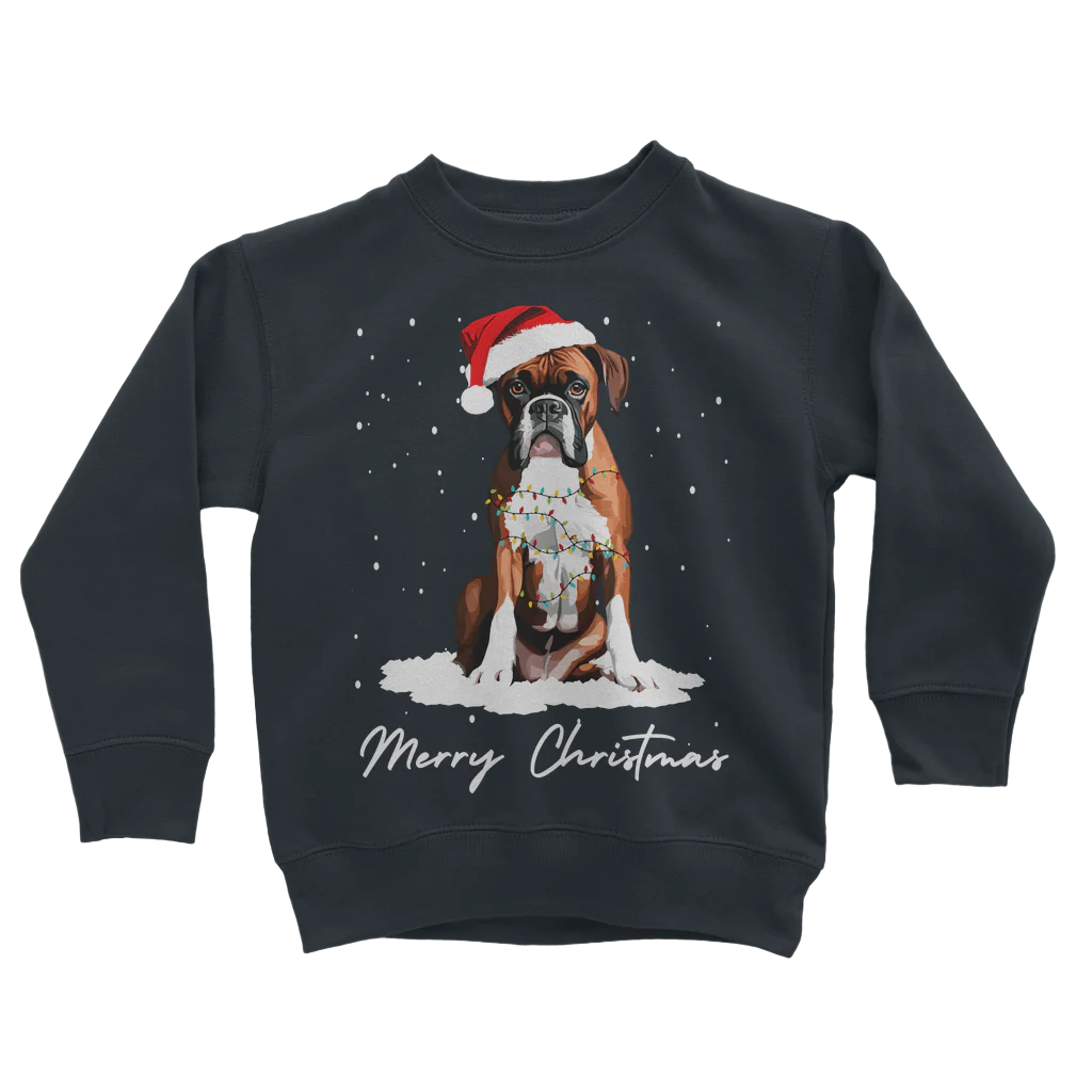 Kids navy Christmas jumper with an printed graphic of a Boxer dog wearing a Santa hat, wrapped in fairy lights with falling snow and the text 'Merry Christmas'.