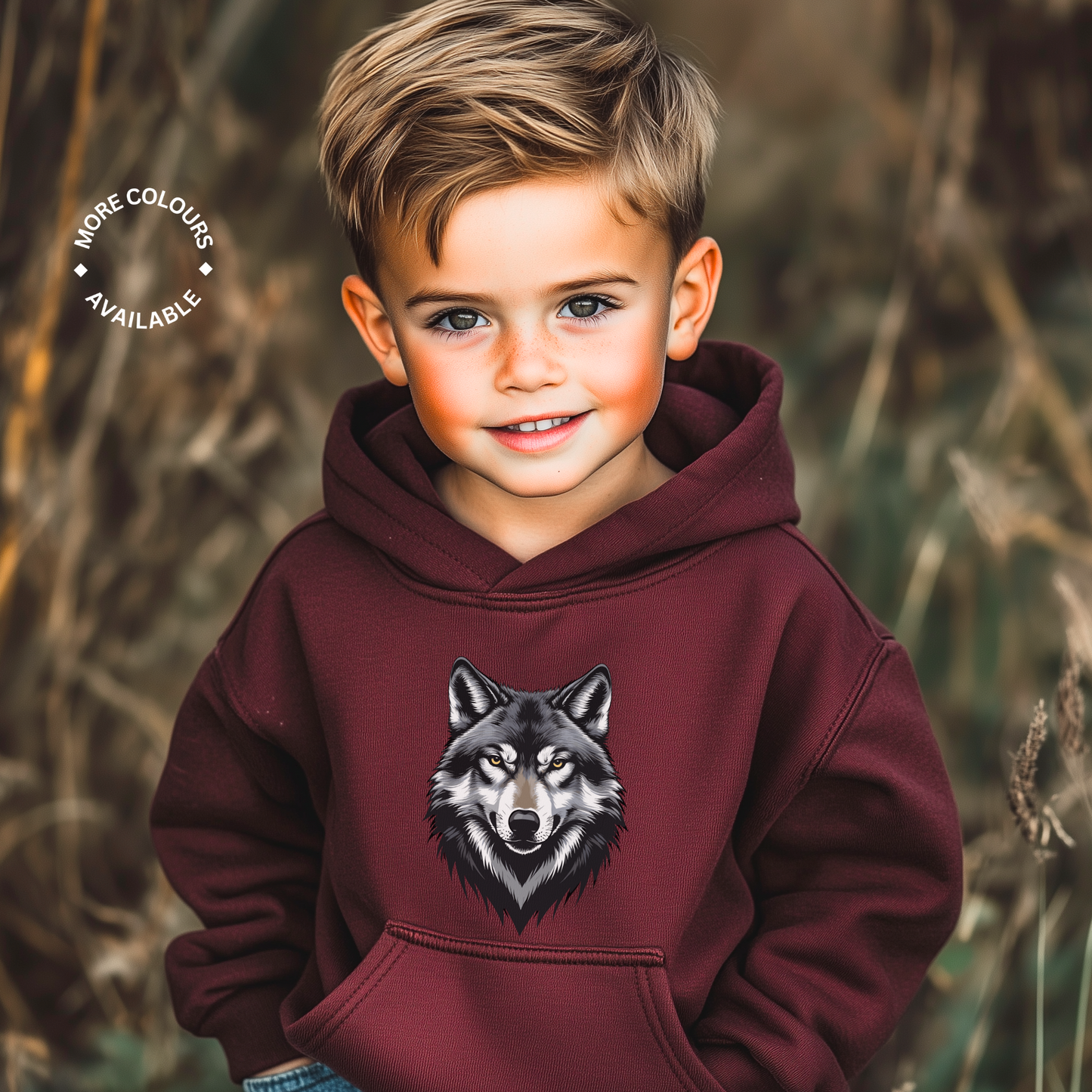 Child wearing a maroon hoodie with a wolf design in a natural setting