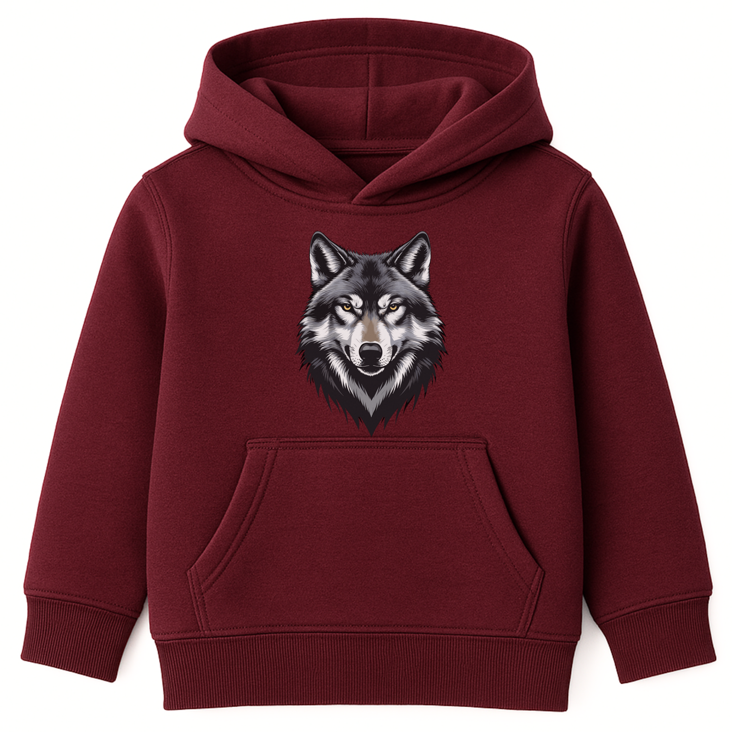 Kids burgundy pullover hoodie featuring a bold grey wolf head design on the front