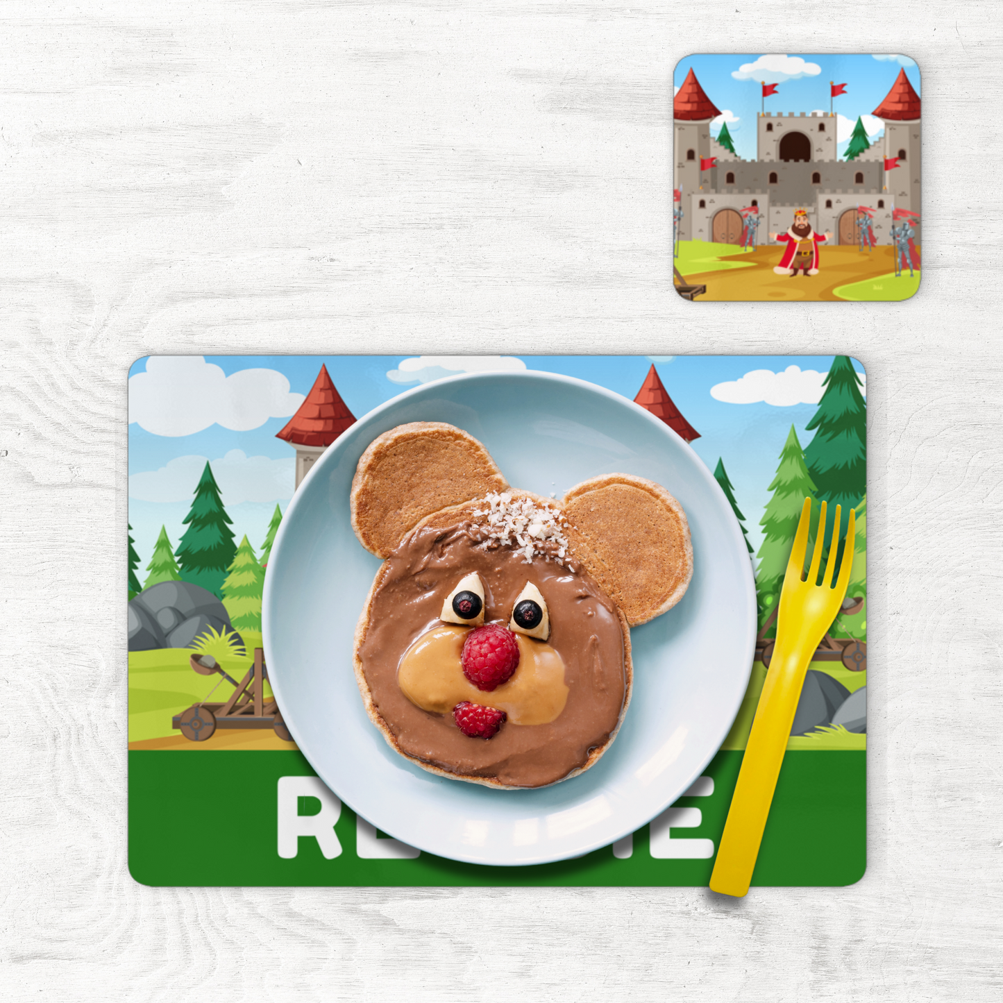 Kids Large Personalised Castle & Knights Placemat and Coaster Set