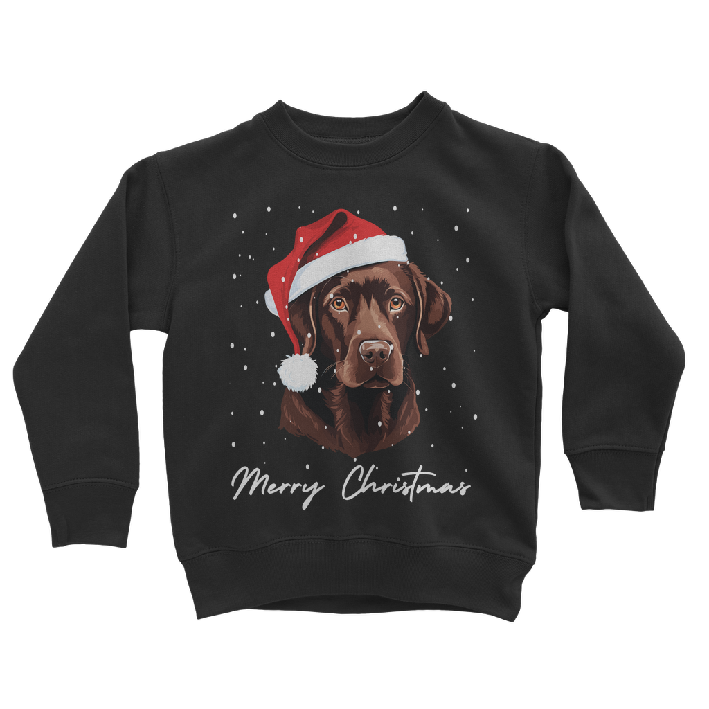 A kids black sweatshirt with an printed graphic of a brown Labrador wearing a Santa hat and the text 'Merry Christmas'.