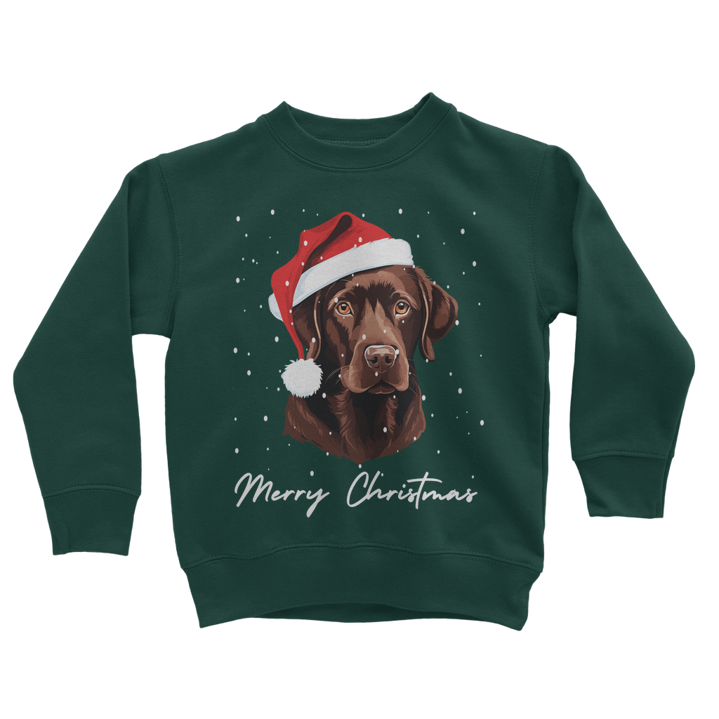 A kids dark green sweatshirt with an printed graphic of a brown Labrador wearing a Santa hat and the text 'Merry Christmas'.