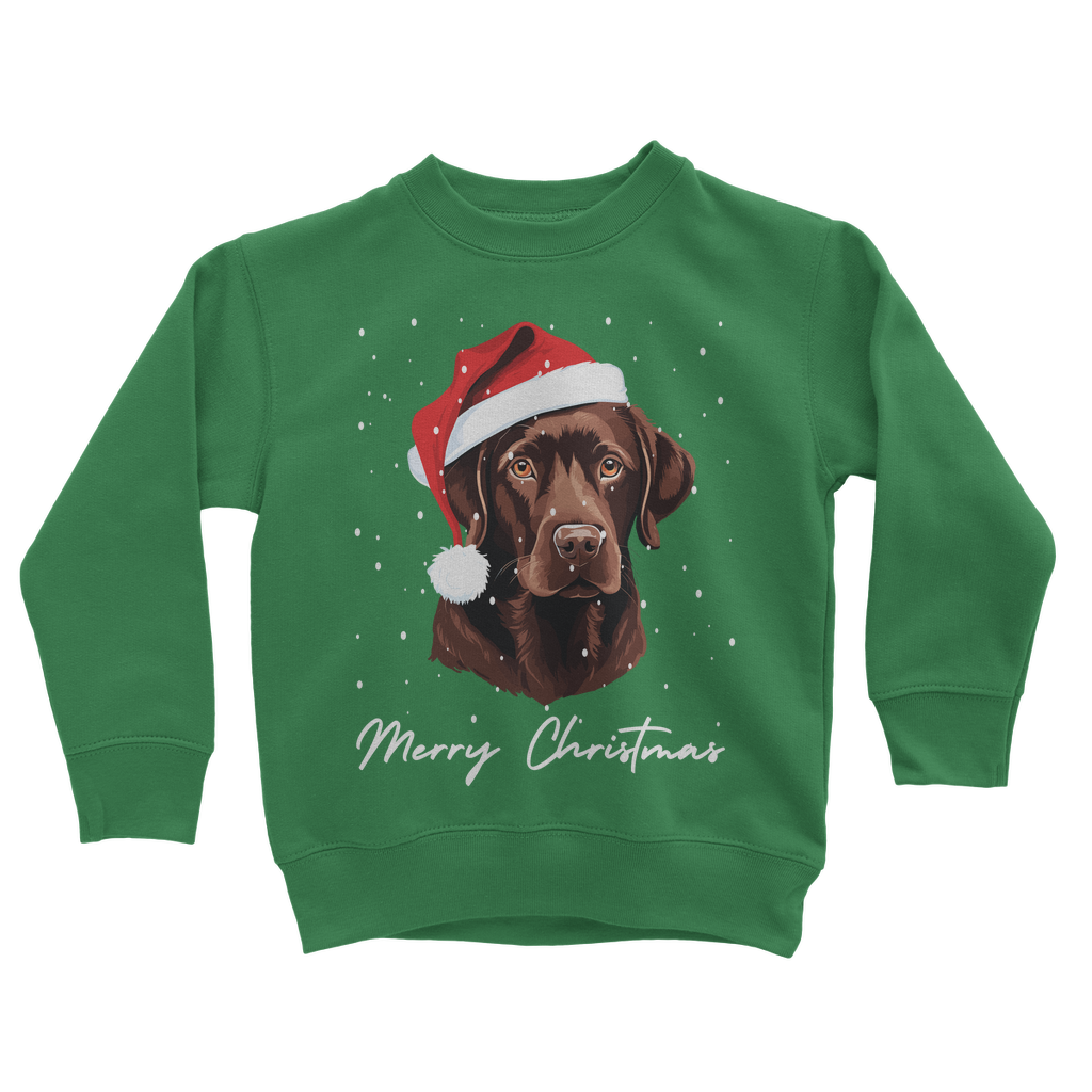 A kids green sweatshirt with an printed graphic of a brown Labrador wearing a Santa hat and the text 'Merry Christmas'.