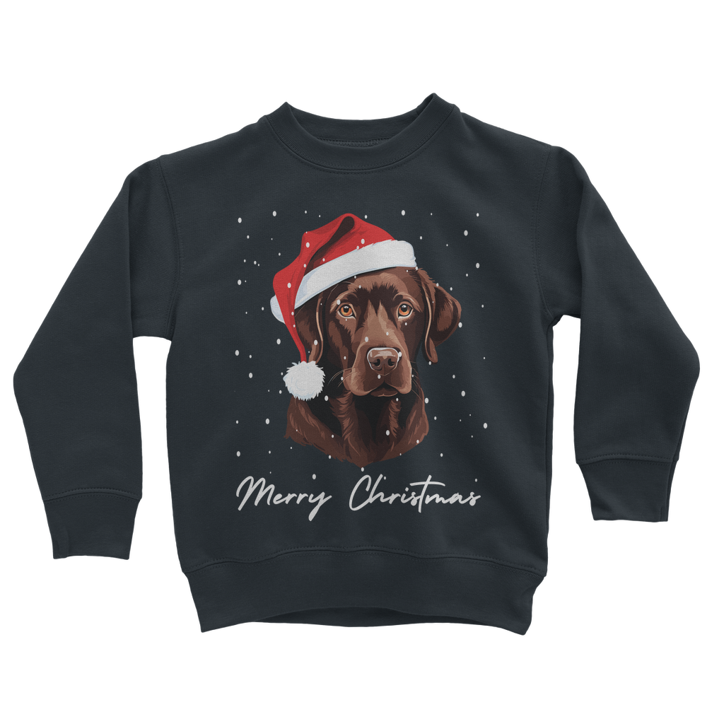 A kids navy sweatshirt with an printed graphic of a brown Labrador wearing a Santa hat and the text 'Merry Christmas'.