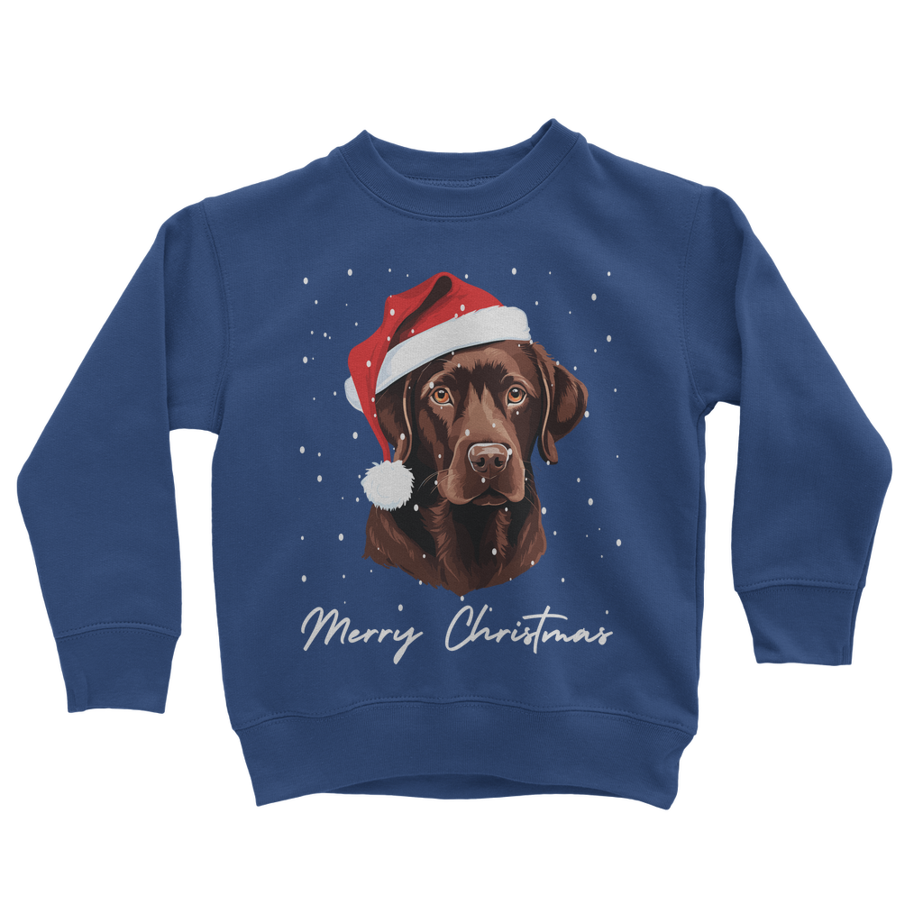 A kids royal blue sweatshirt with an printed graphic of a brown Labrador wearing a Santa hat and the text 'Merry Christmas'.